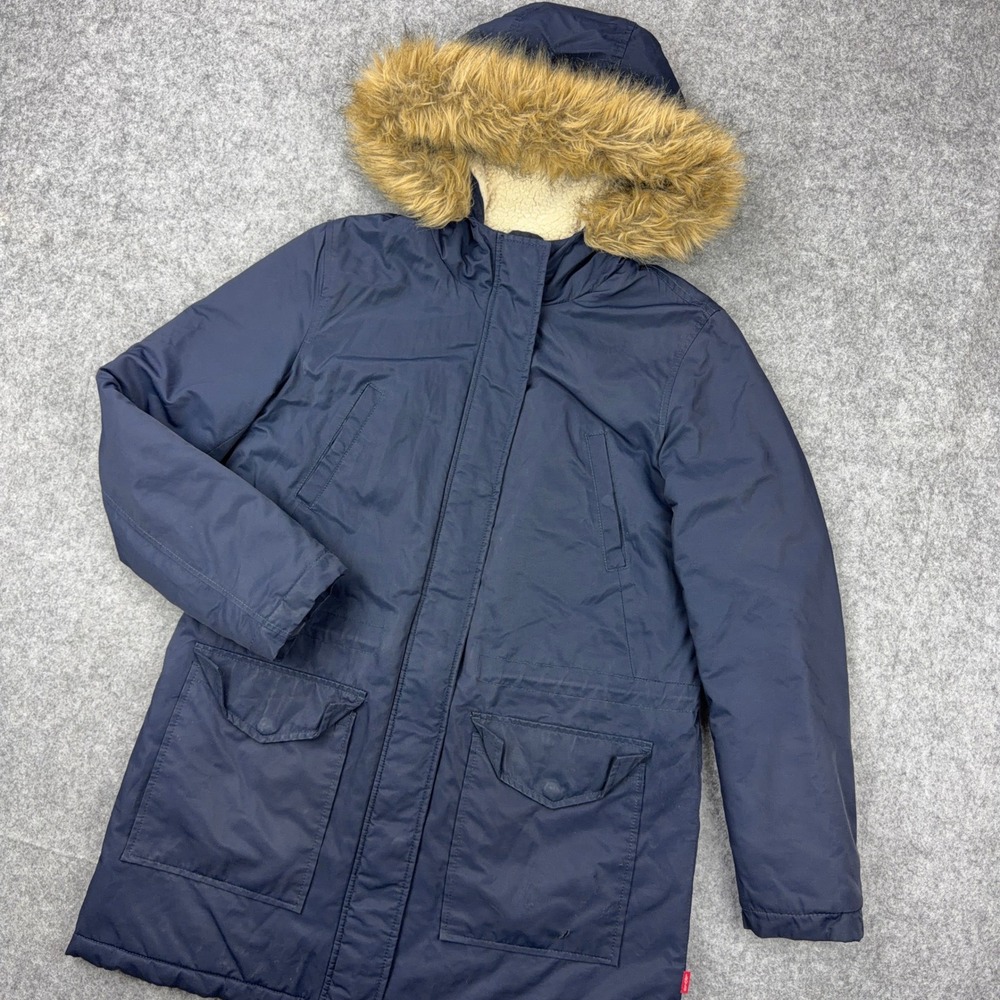 Levi's Jacket Womens Medium Navy Blue Sherpa Lined Faux Fur Parka Winter Coat‎